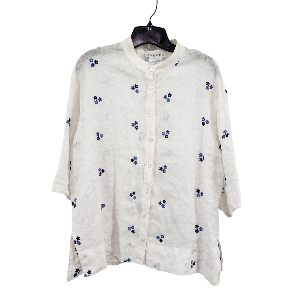 Jaeger Women's Band Collar Button Down Embroidered Linen Shirt - 14
